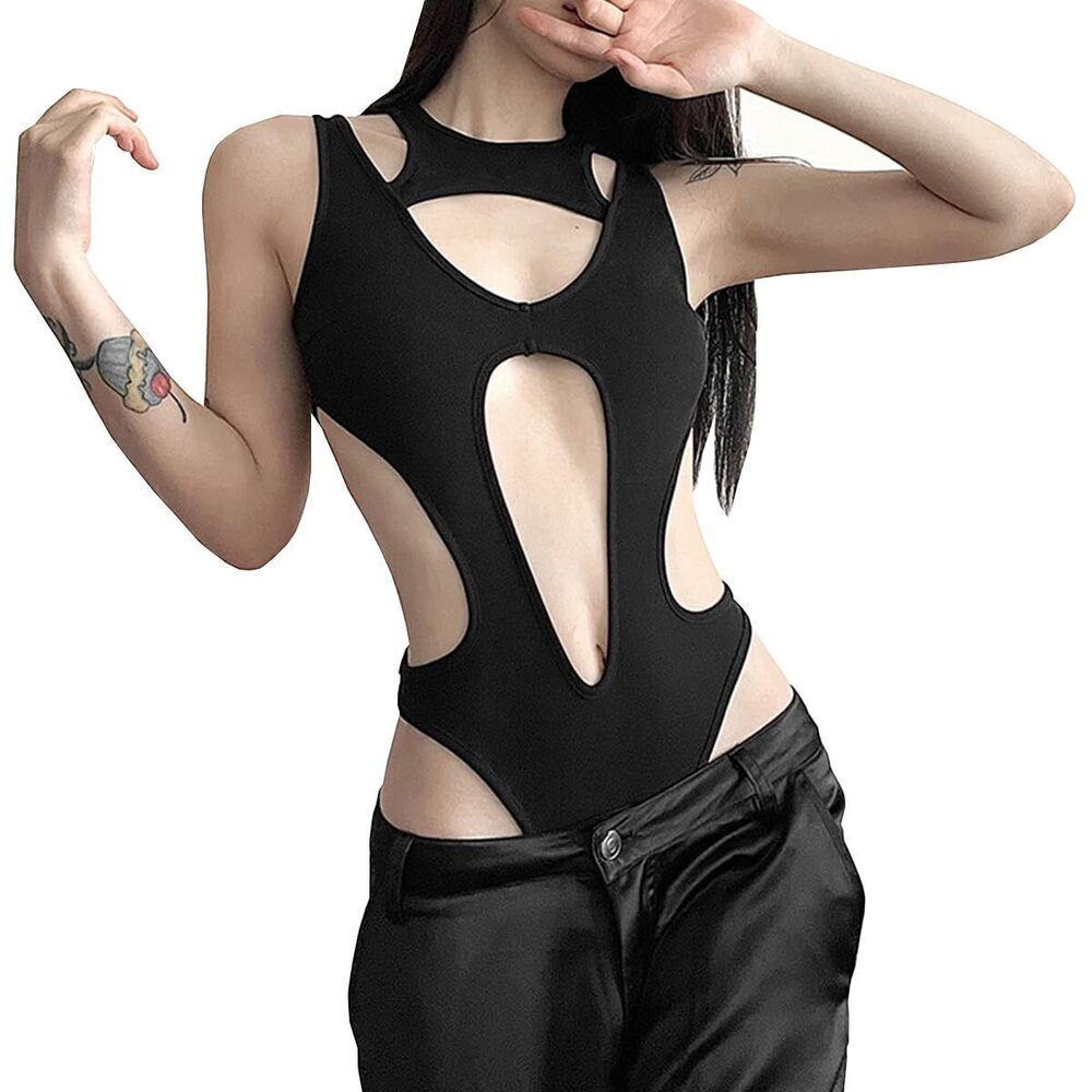 7186 Cutout Bodysuit Black Y2k Goth Sleeveless Hollow Out Rave Outfits